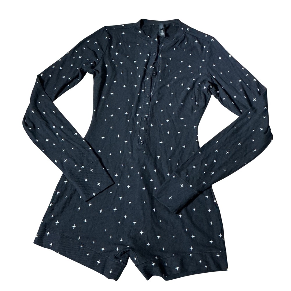 SKIMS Star Print Ribbed Henley Romper Women S Black Long Sleeve Loungewear Star